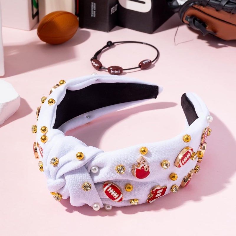 PANTIDE Football Jeweled Knotted Headband - Red Football Rhinestone Crystal Embellished Headband Wide Top Knot Fashion Hairband Mom Accessories Sports Game Day Birthday Gift for Fan Women Girl (White) - Image 4